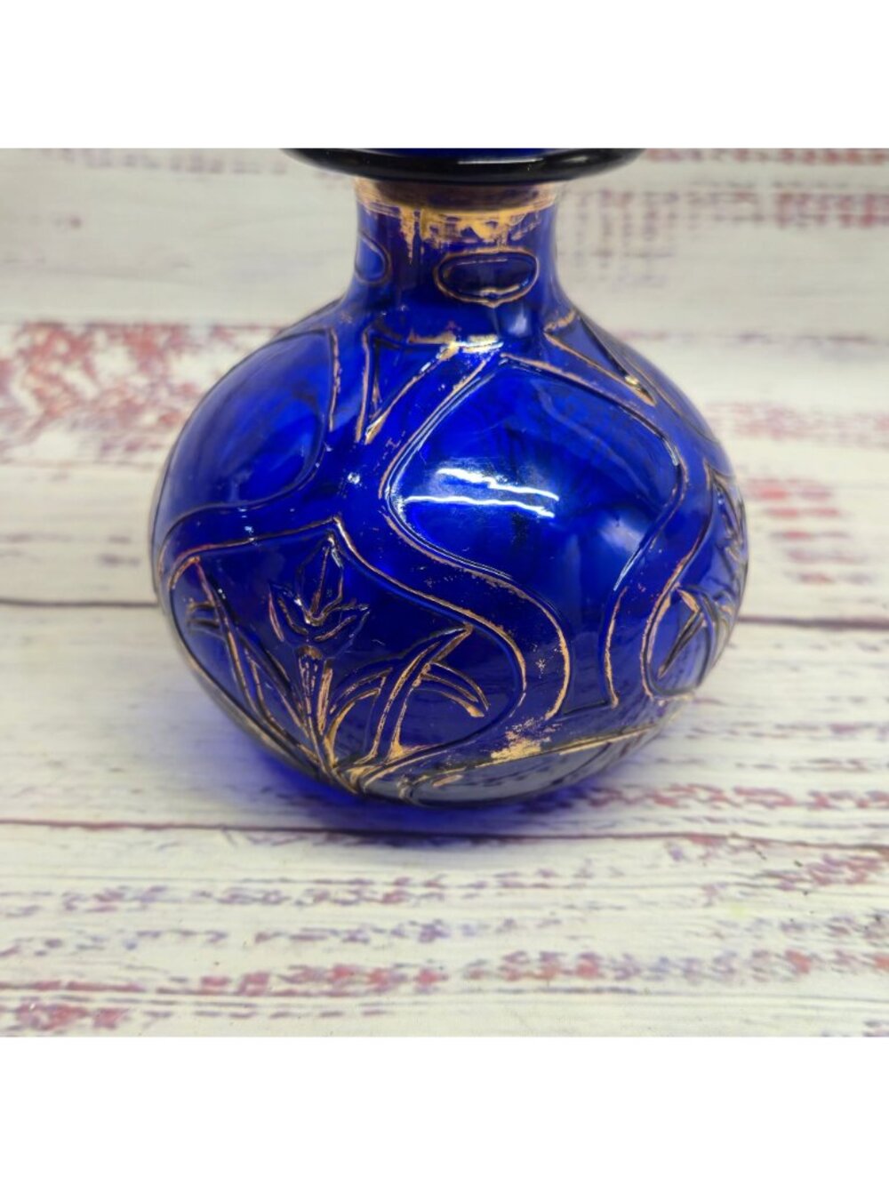 Vintage Cobalt Blue bohemian glass perfume bottle Hand-Painted Gold Floral - Picture 6 of 16